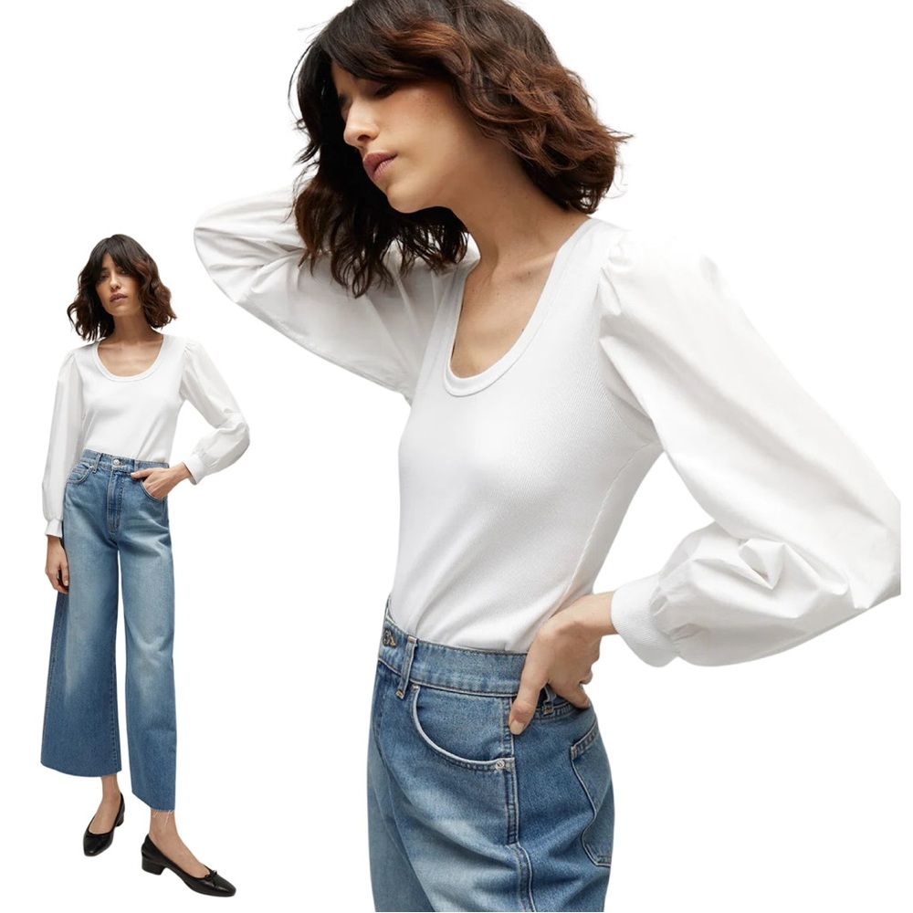 $198 New VERONICA BEARD Anabel Puff-Sleeve Top Sz S White